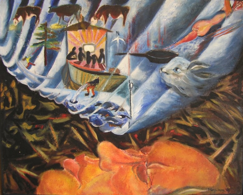 Joyce painted a piece of a woman dreaming to juxtapose the arrival the television in Black Point with more traditional activities such as swinging on a tree and ice fishing.  