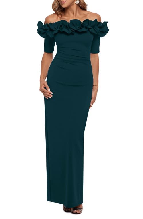 Xscape Ruffle Off the Shoulder Crepe Column Gown in Pine
