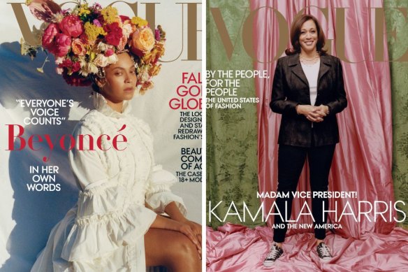 Tyler Mitchell’s portraits of Beyoncé, left, and Kamala Harris for American Vogue.