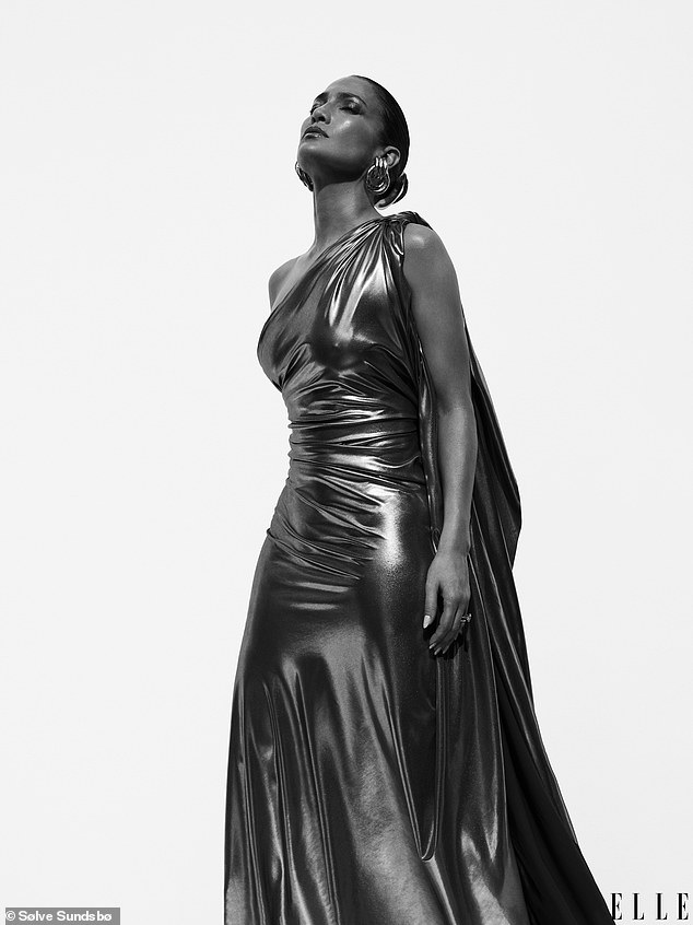 She looked incredible in a gold-one shoulder metallic dress in one black and white image