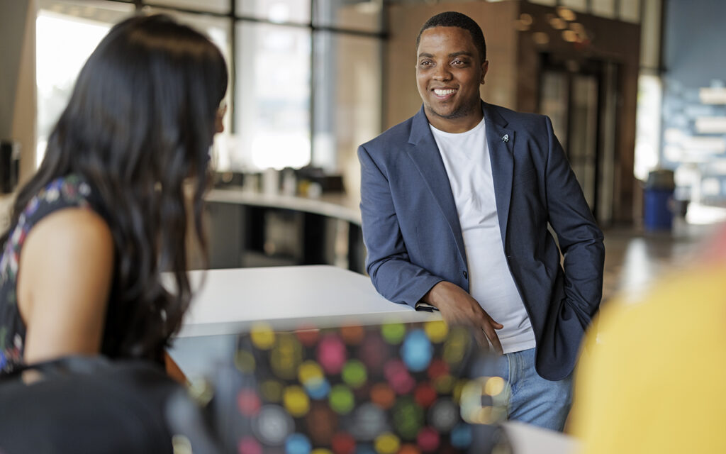 Alumnus Julian Nicks is the CEO of LaunchCode, a St. Louis–based nonprofit that provides tech education and job placement opportunities. (Photo: Whitney Curtis/Washington University)