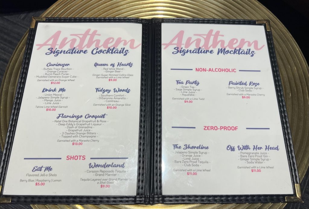 Anthem's menu of signature cocktails and mocktails.