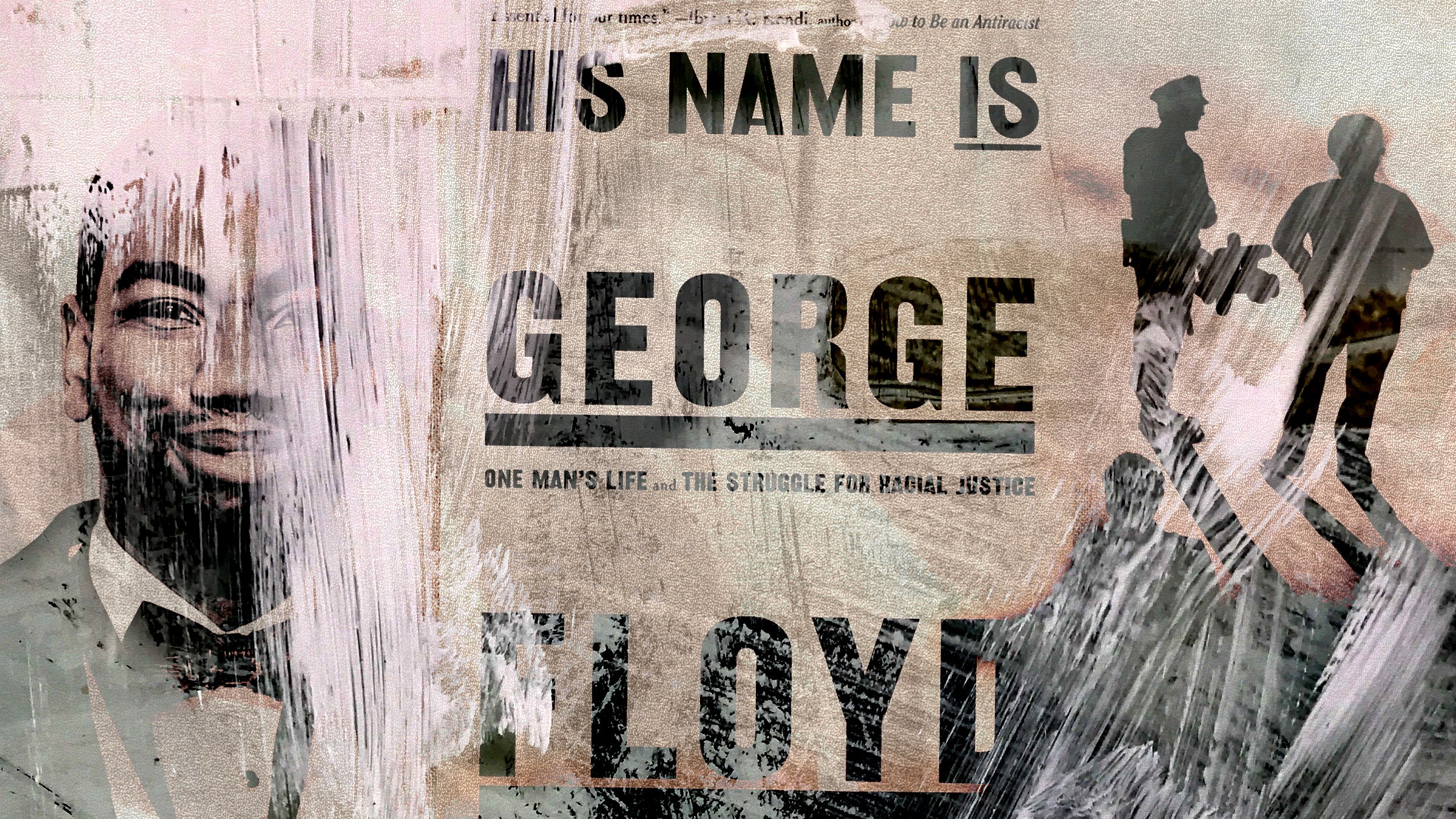 Collage illustration of a photograph of Robert Samuels the cover of his book about George Floyd and a photograph of...