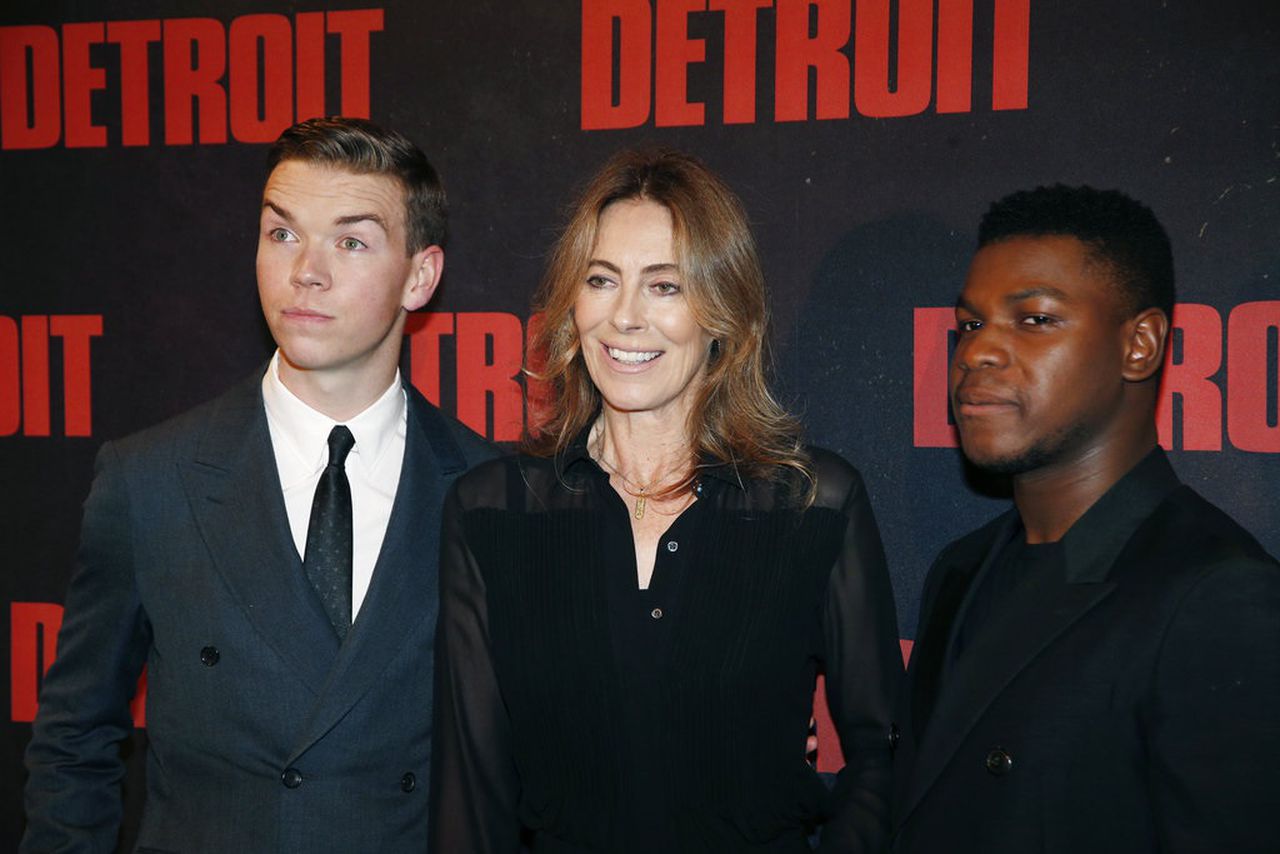 Actors John Boyega, right, and Will Poulter, left, and director Kathryn Bigelow