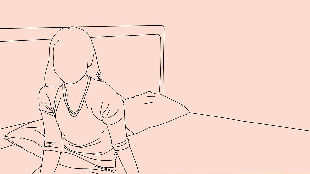 An outline illustration of a woman shown from the waist up sitting on a made bed, What it's like coping with an eating disorder in midlife