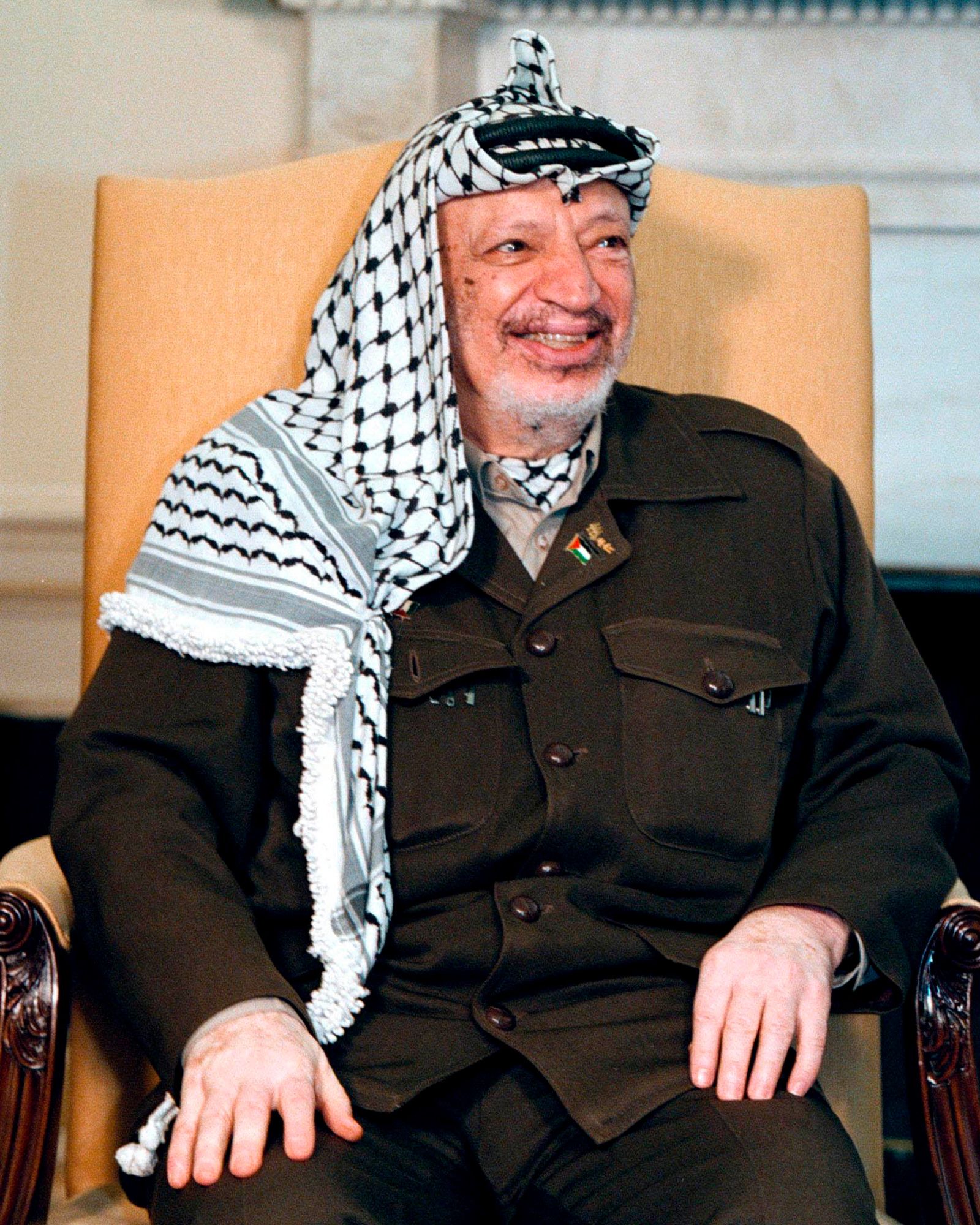 Yasser Arafat, who served as chairman of the Palestinian Liberation Organization and then president of the Palestinian Authority, was rarely seen without a black and white keffiyeh on his head and draped over one shoulder.