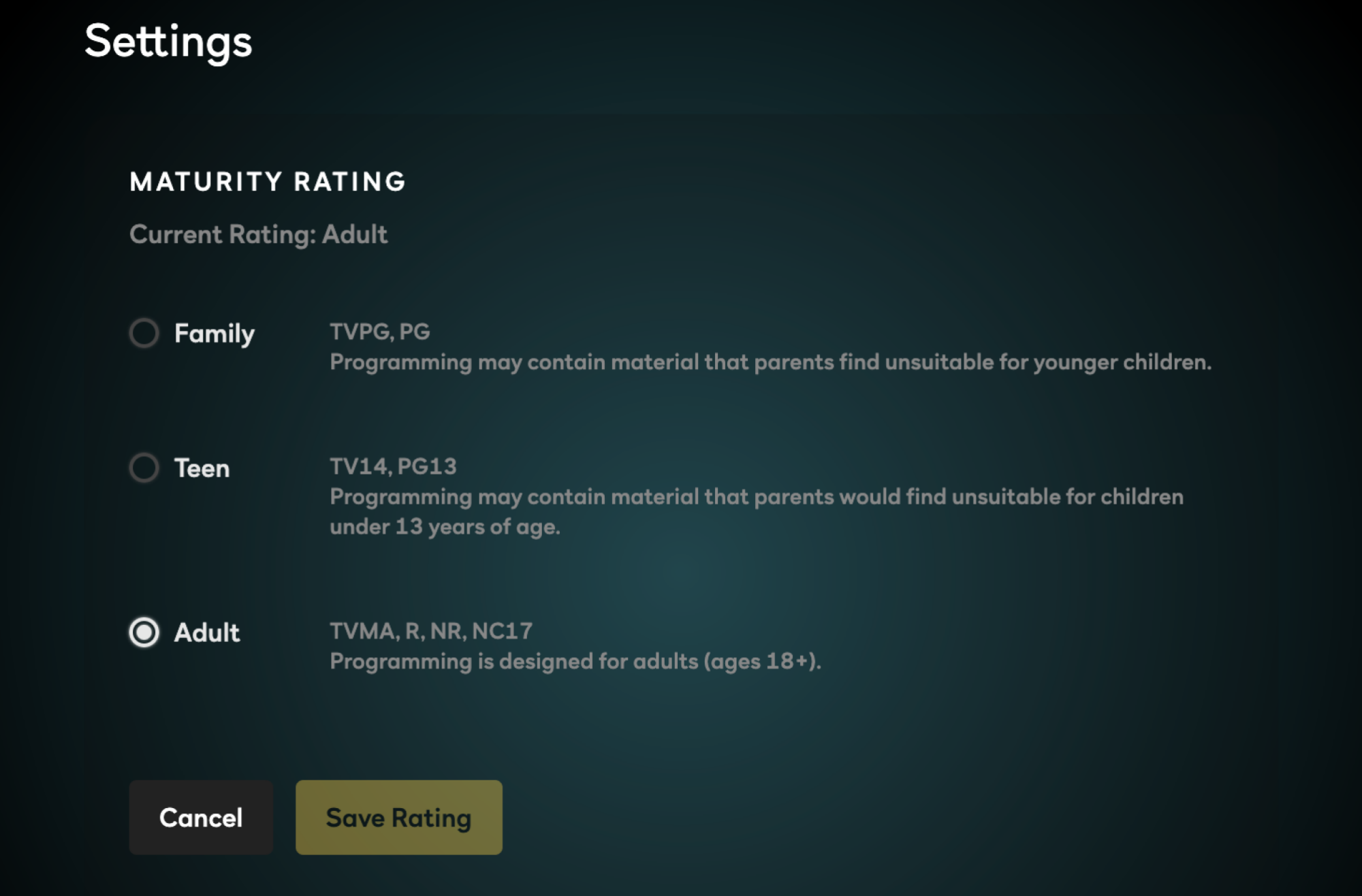 Maturity rating setting on Peacock