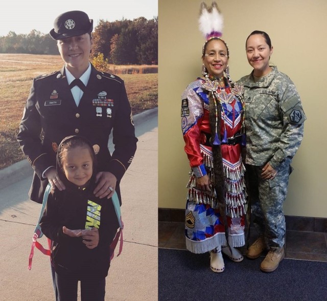 Left, retired Sgt. 1st Class Keshon Smith poses for a photo with her youngest daughter. Right, Smith, now the president of the Native American Women Warriors organization poses with NAWW founder Mitchelene BigMan. 
