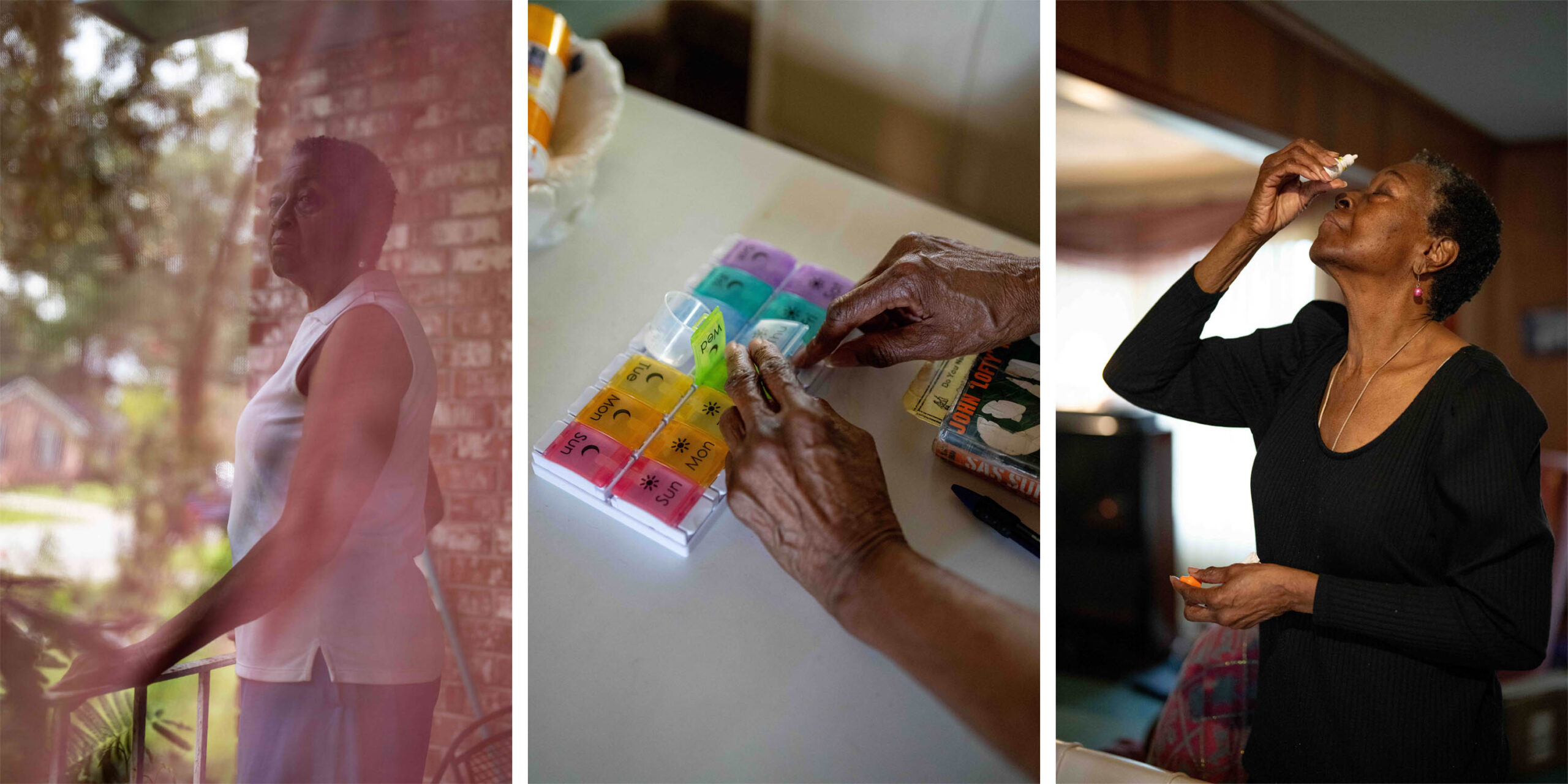 Three photos shown in a row: an elderly woman with a walker standing outside; the same woman getting medicine from a pill organizer; the same woman taking her pills.