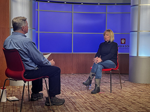 Media School professor Mike Conway interviews longtime WTHR anchor Anne Ryder for the Indiana Broadcast History Archive. Photo ...