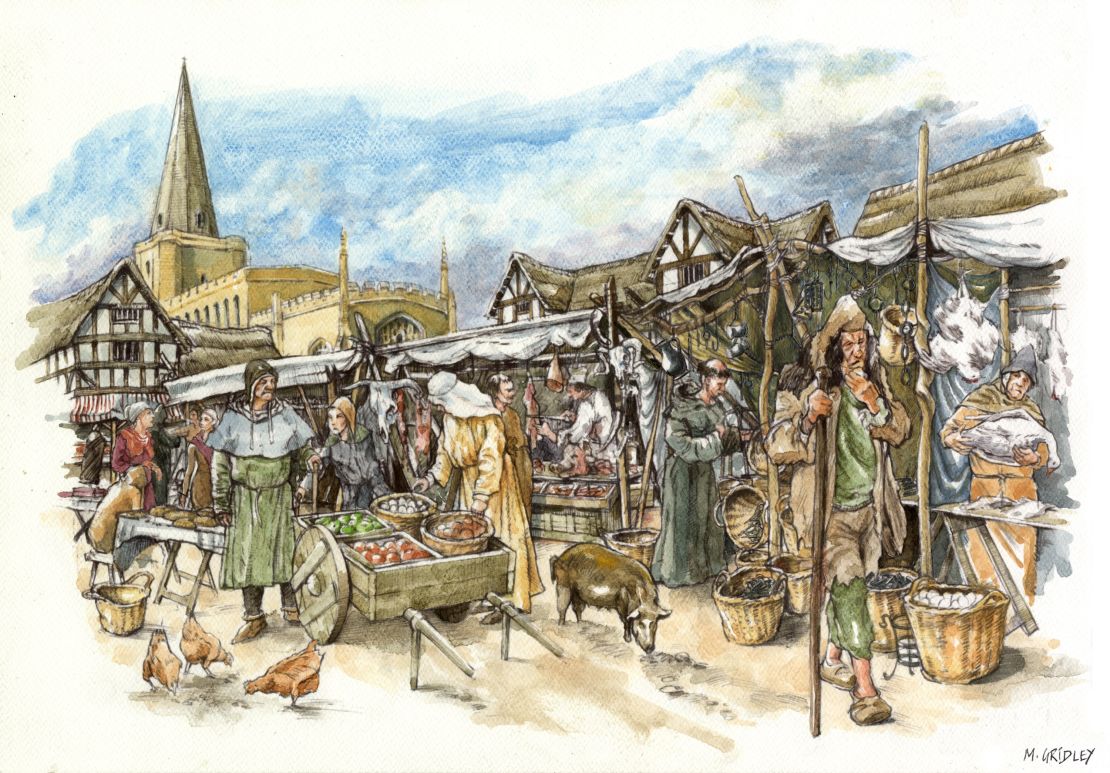 An illustration of the market place in medieval Cambridge by the artist Mark Gridley. Credit: Mark Gridley/After the Plague