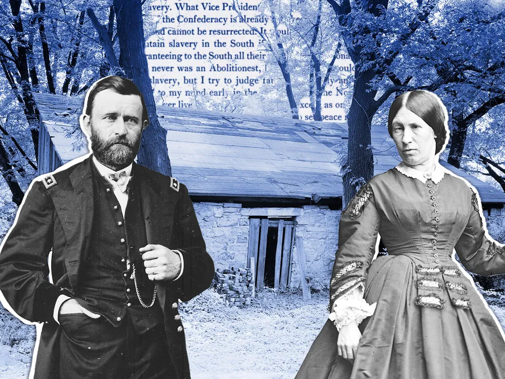 Illustration of Ulysses and Julia Grant in front of the slave quarters at White Haven
