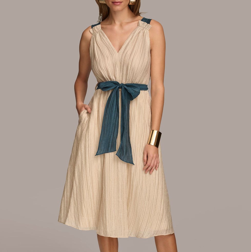 V Neck A Line Dress With Self Tie Belt 