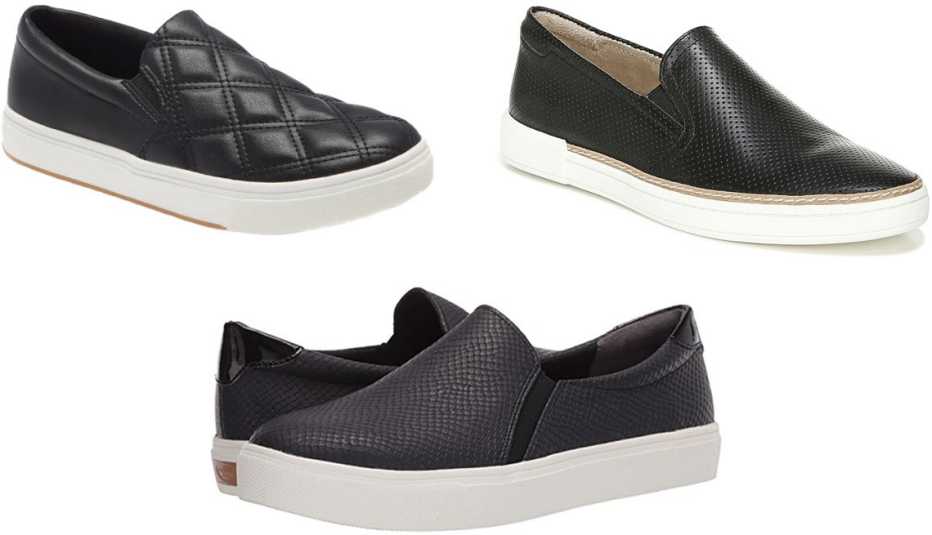 Steve Madden Coulter Quilted Slip-On Sneaker in black; Naturalizer Zola Slip-On Sneaker in black; Dr. Scholl’s Nova in black