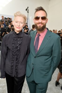 Tilda Swinton and Sandro Kopp in the Front Row at Haider Ackermann Spring 2019, photographed in Paris on September 29, 2018. (Photo by Swan Gallet/WWD/Penske Media via Getty Images)