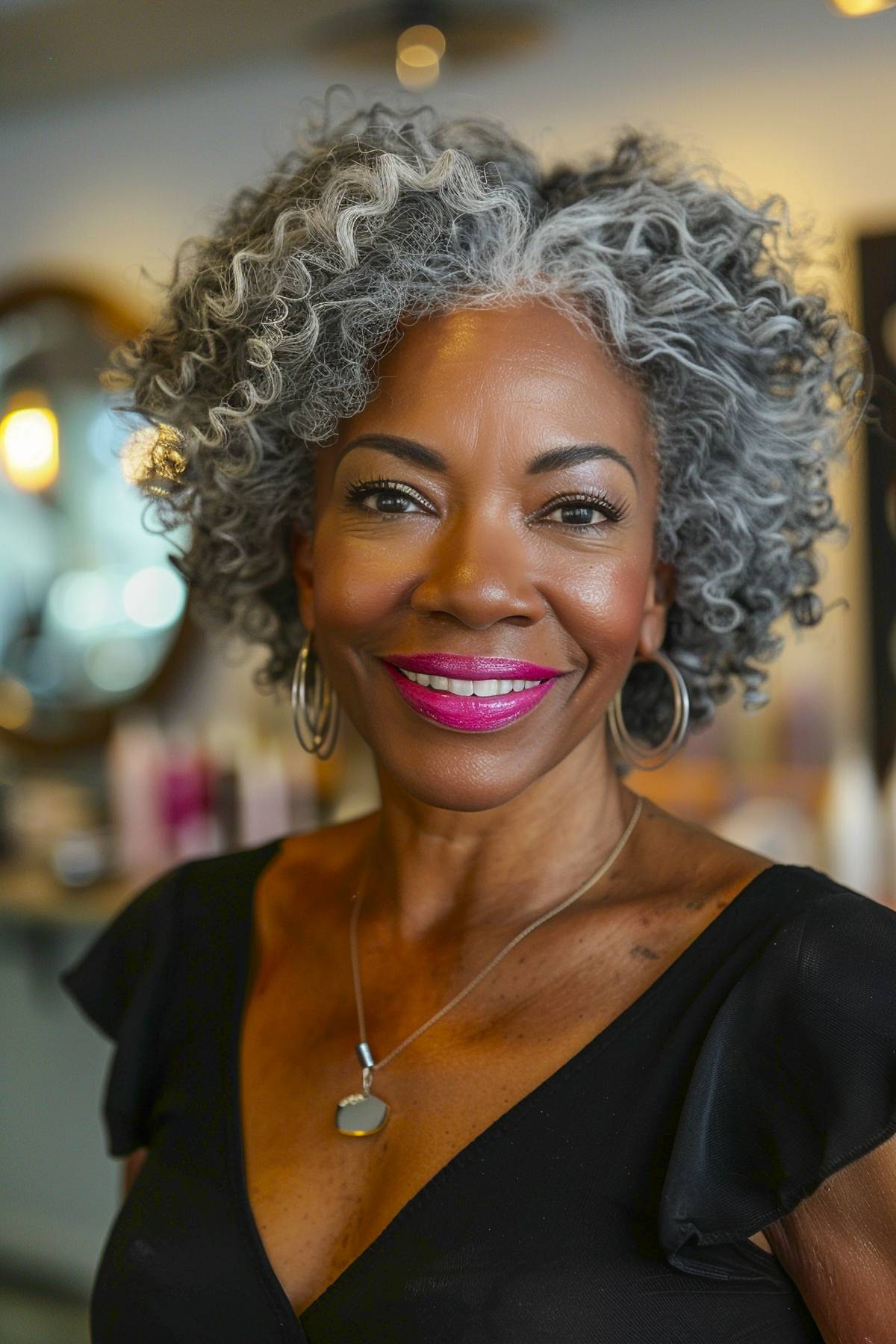 Short gray curly hairstyle for Black women over 60